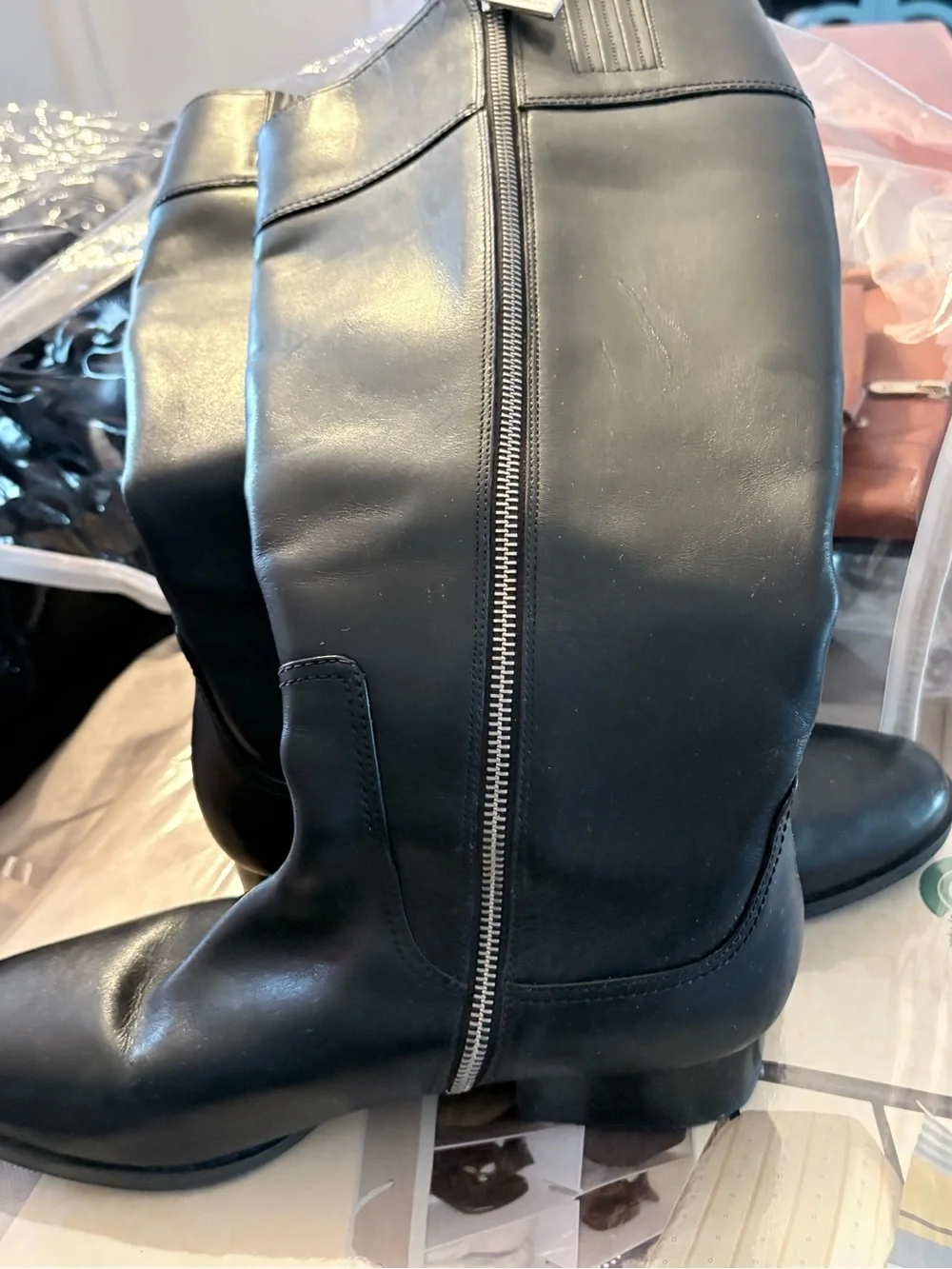 Michael Kors Black Leather Knee-High Riding Boots with MK Logo